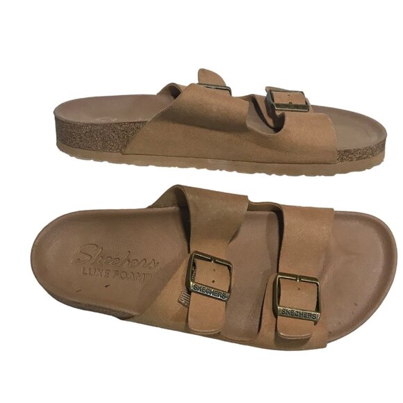 Skechers Sandals Luxe Foam Women Size 6 Tan Double Strap Slide Adjustable Buckle - Picture 2 of 12